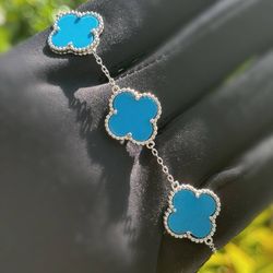 Jewelry 925 sterling silver Tiffany Van cleef style 5 motifs clover shape stone bracelet