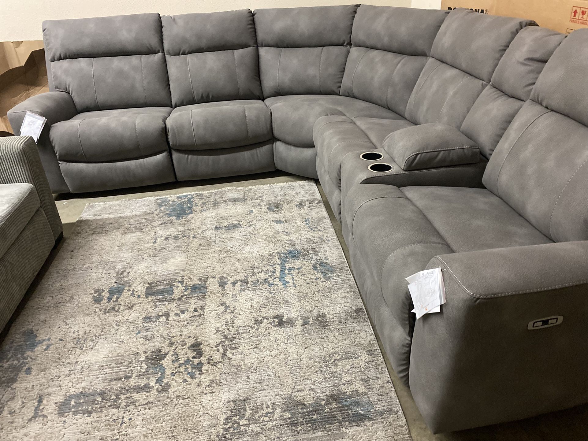 POWER RECLINING SECTIONAL Grey 120x105 USB ports storage right/left console adjustable headrests $2,799 (was $4,299)