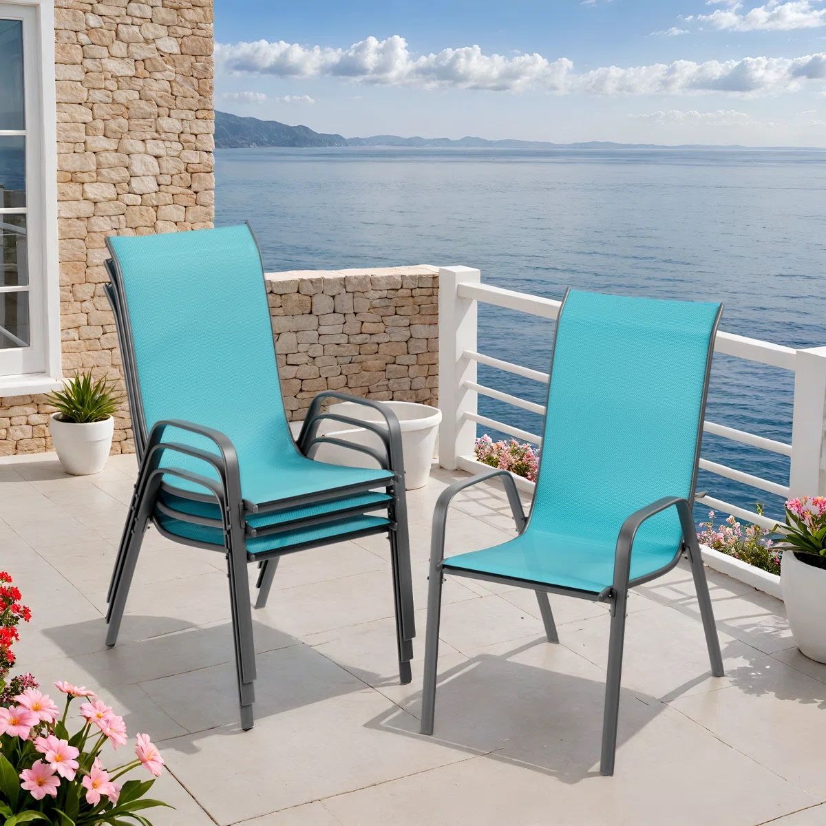 Patio Chairs Set Of 4, Stackable Textilene Outdoor Dining Furniture For All Weather, With 20" Wide Seat & Metal Frame, For Garden, Backyard, Deck, Res