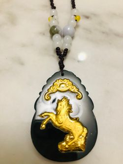 Horse Pendant Necklace with gold and jade