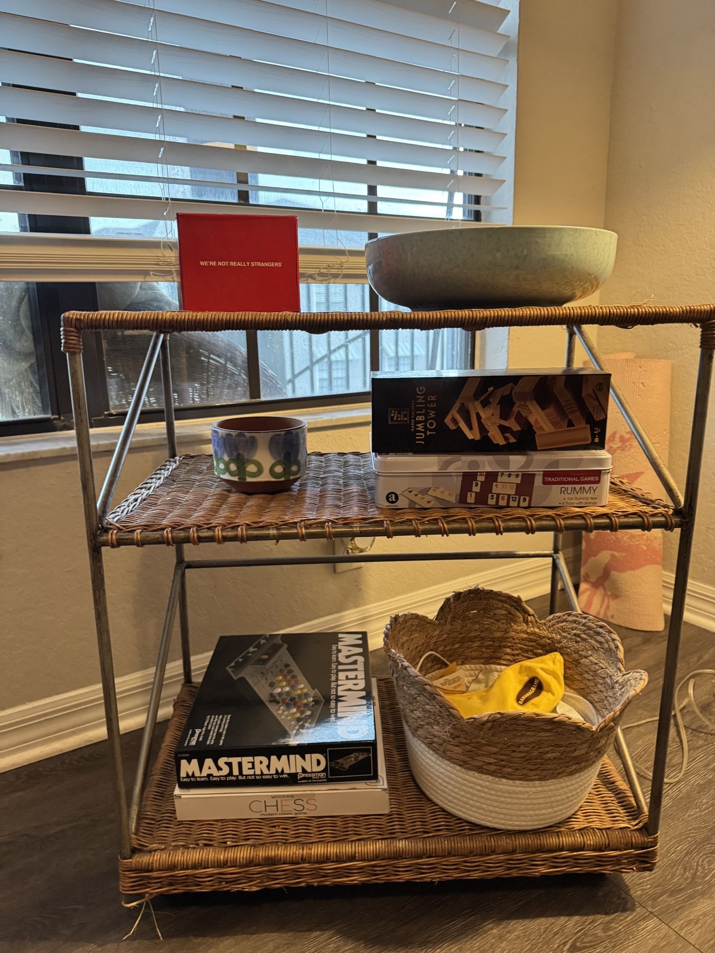 Boho Wicker shelf / wicker shelving unit for games