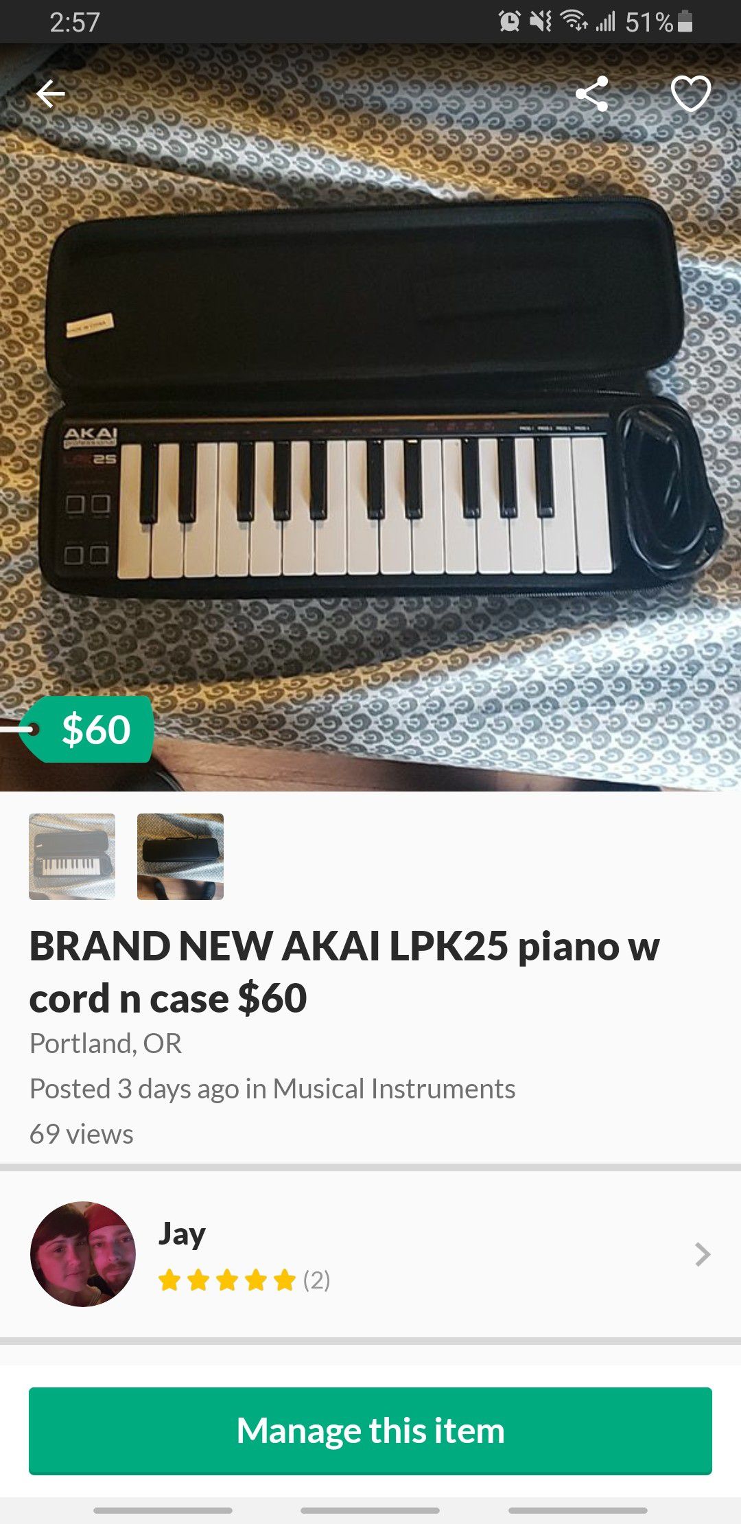 BRAND NEW AKAI LPK25 PIANO W CORD N CASE $60 obo