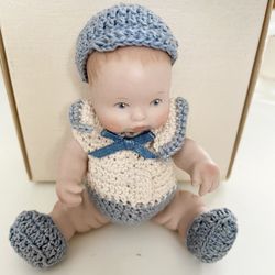 Vintage Mini 5" Porcelain Jointed Baby Doll ~ Hand Crochet Outfit  1991