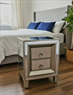Rosdorf Park Alysa 2 Drawer Nightstand featuring mirrored panels and textured drawer fronts. 29.25" H x 30" W x 17.5" D.