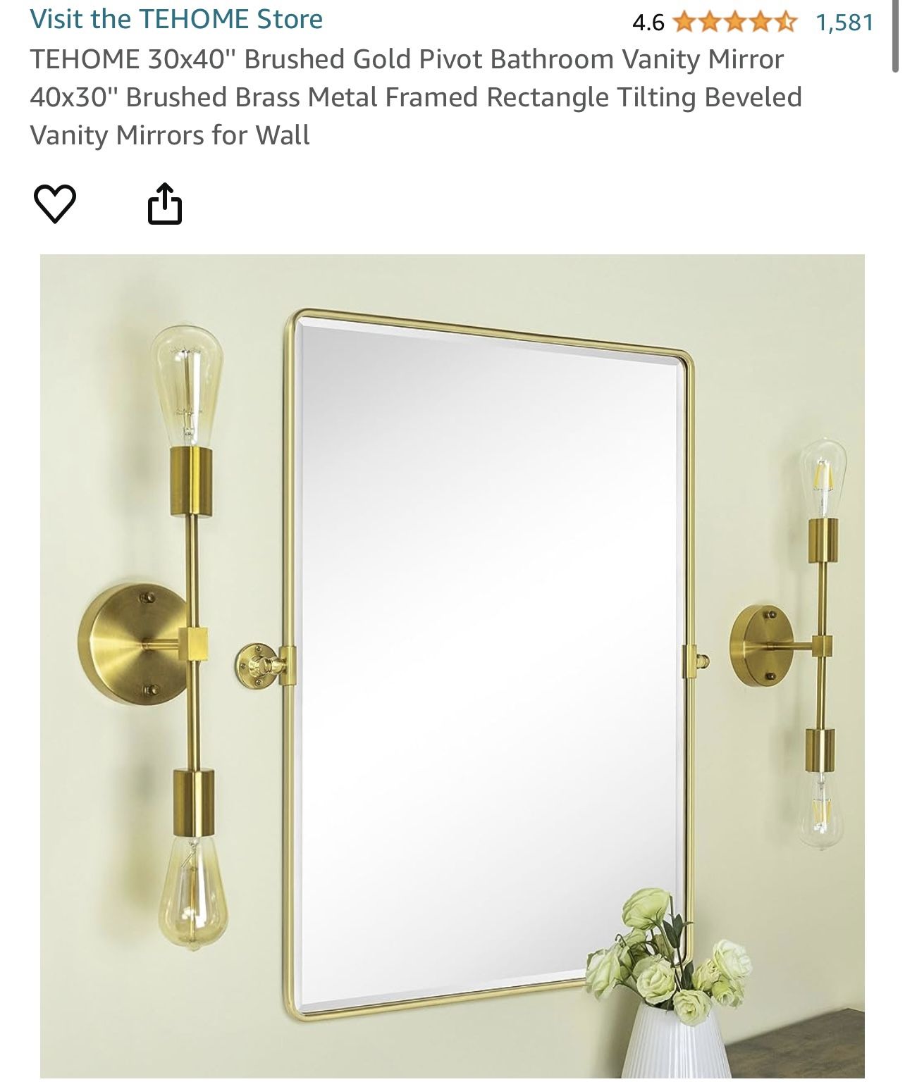 New in box TEHOME 30x40'' Brushed Gold Pivot Bathroom Vanity Mirror 40x30'' Brushed Brass Metal Framed Rectangle Tilting Beveled Vanity Mirrors for Wa