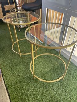 Round Glass Side Tables Gold Frame Set of 2