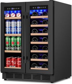 24" Dual Zone Wine & Beverage Refrigerator – Under Counter Cooler with Upgraded Cooling & Blue LED Light, Hold 20 Bottles and 88 Cans Large Capacity W