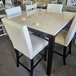 Brand New White Or Brown Faux Marble Counter High Dining Table (42"×42"×36"H) + 4 Vinyl Chairs