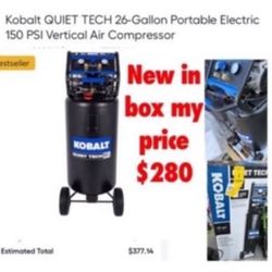 Brand new in  box Kobalt QUIET TECH 26-Gallon Portable Electric 150 PSI Vertical Air Compressor $280 firm don’t ask nothing lower cash only East Palmd