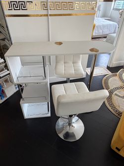 Modern White Bar Table + 2 Bar Stools with Storage Shelves