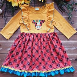 4T BOUTIQUE TRI-COLOR AUTUMN SUNFLOWER COW PLAID RUFFLE STRETCHY KNIT DRESS