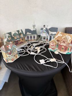 Vintage Lighted Ceramic Christmas Village Houses - Set of 5 Holiday Buildings with Cords