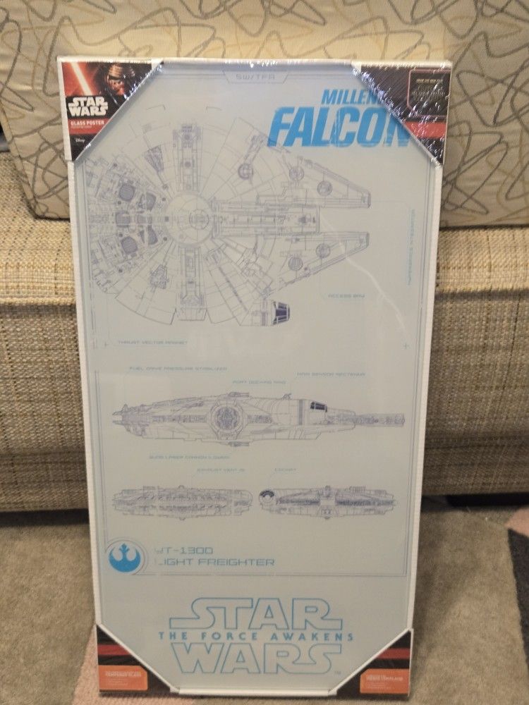 Disney Star Wars Millennium Falcon Episode VII Glass Poster Wall Art 20" X 10"