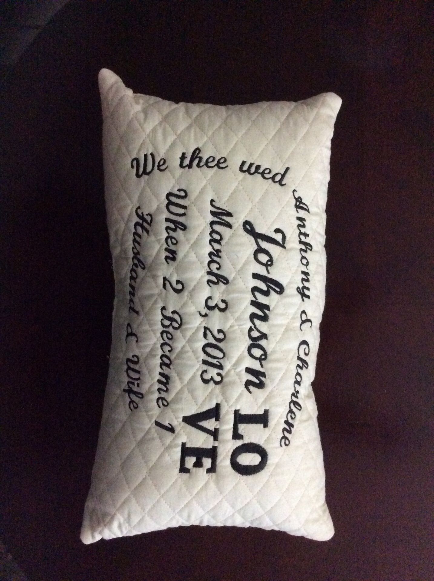 Wedding keepsake pillow personalized.