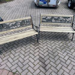 Iron and wood benches with horse designs