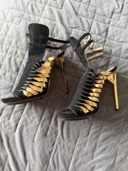 Herve Ledger Black Suede platform sandals with gold on the sides