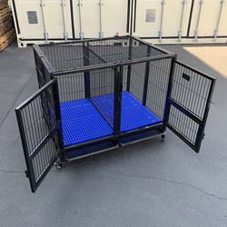 (New in box) $190 Folding Heavy Duty Dog Cage 41x31x34” Double-Door Stackable Kennel w/ Divider, Plastic Tray 