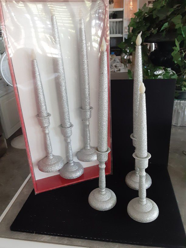 6 Silver Glitter Battery Operated Candles