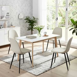 Homy Casa CURRENCY+CHARLTON 5PC Dining Set 47.2” Rectangular Dining Table with 4 Upholstered Dining Chairs in White and Beige Open Box