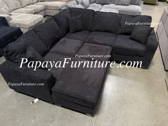 NEW Large U Shape Black Fabric Sectional Sofa and Reversible Chaise Ottoman Set Ashley Style BIG Couch SALE Sleeper combine to Bed Dark Grey Discount