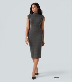 Halara High Neck Bodycon Houndstooth Plaid Midi Work Dress - Charcoal Black Houndstooth Plaid (Medium)