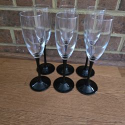 Vintage Set of Six Stunning Luminarc France Champagne Flutes with Black Stems