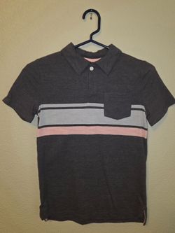 Cat & Jack - Boys - Medium (8/10) - Polo - Short Sleeve - Cotton/Polyester - Horizontal Striped - Gray/Pink