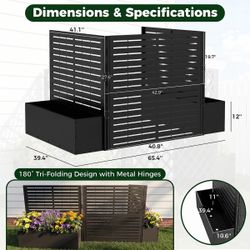 Air Conditioner Fence, 3 Panels Metal Privacy Screen with Planter Box, Black Outdoor AC Unit Cover, 40.7" W x 39.5" H, Garden Fence Enclosure