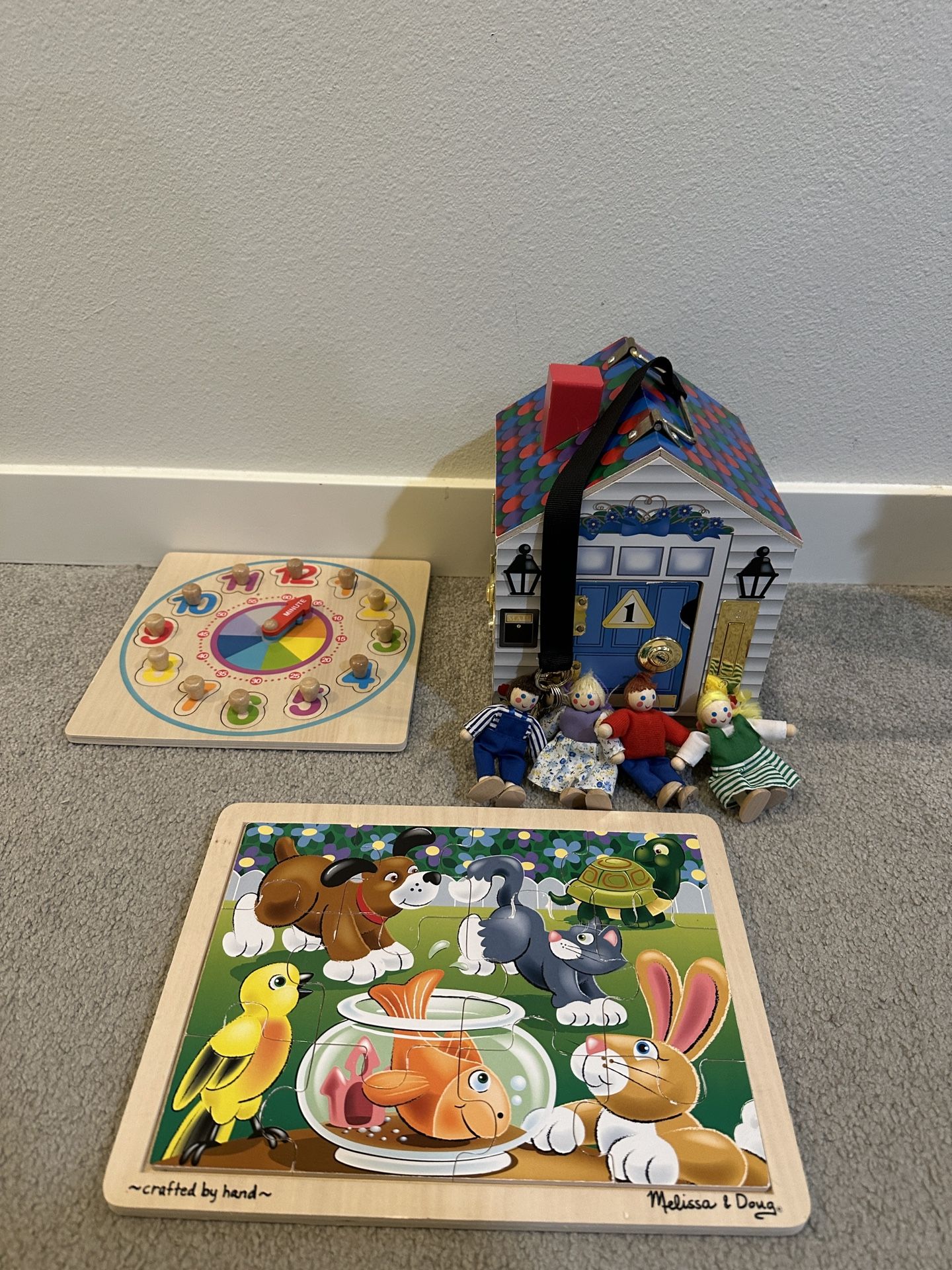 Melissa & Doug Wooden Doorbell House & Puzzle & Clock Toy Puzzle