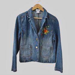 Vintage Shore Denim Jacket Embroidered Flower Size L Women’s Blue Jean Jacket