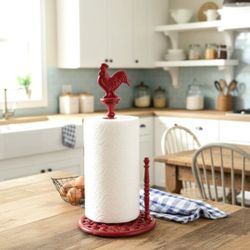 Cast Iron Red Rooster Paper Towel Holder Stand Country Kitchen Farmhouse Decor Nice!