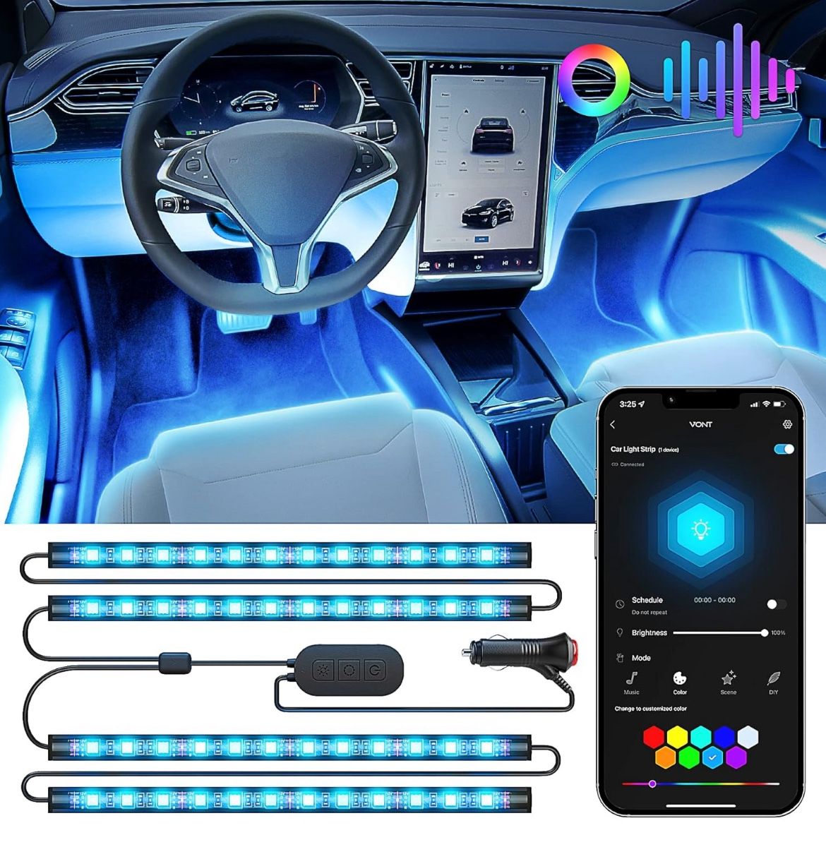 Car LED Strip Lights, Smart RGBIC Interior Car Lights with APP Control