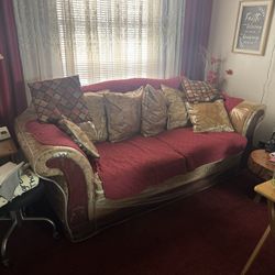 Couch (with plastic on it) & Coffee Table