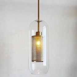 Cylinder Clear Glass Pendant Light, Industrial Style Vintage Bronze Hanging Lamp Ceiling Light Fixture for Bedroom, Dining Table, Cafe,Neutral Light