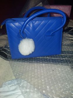 Blue Quilted Mini Handbag with Pom Keychain