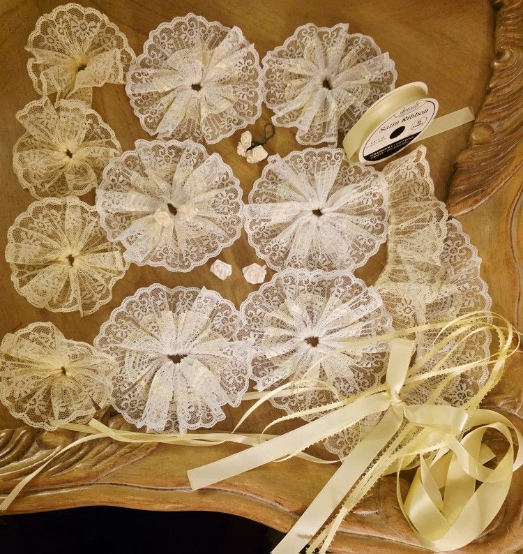 Yellow Satin Ribbon, Lace Doilies and Silk Rosette FlowersSet