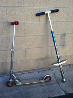 An aluminum scooter and a pogo stick