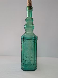 Vintage Collectible Embossed Decorative Festive Emerald Green Bottle 11.75” Tall