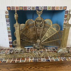 Brass Peacock Folding Fireplace Screen (3 Panels)