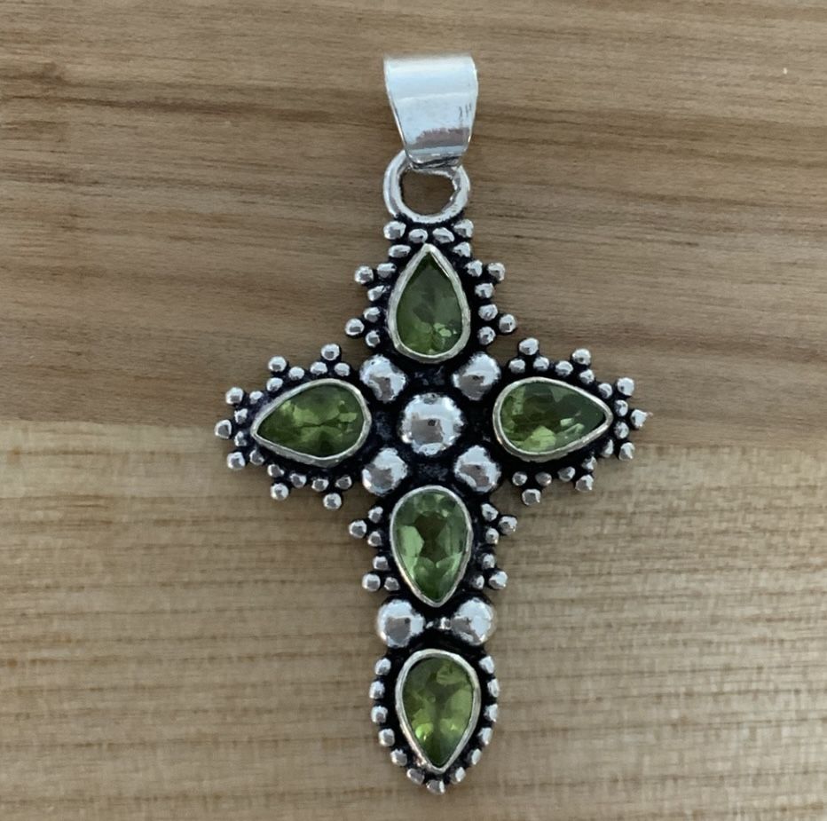 Dainty Green Peridot 925 Silver Stamped Cross 1.5” Charm Pendant