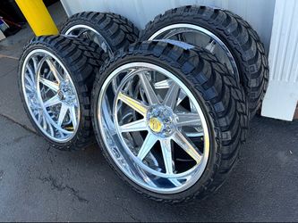 NEW 24x12 FORGED hard rock wheels full polish front and back wrapped in 33x13.50r24lt AMP tires