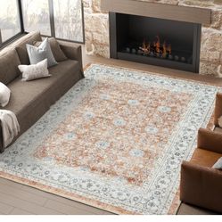 New 6x9 Low Pile Faux Wool Rug Orange Floral Print Stain Resistant Washable Non-Slip 