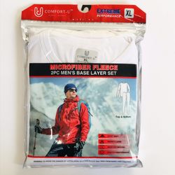 Men Thermal 2 PCS Set Microfiber Fleece Underwear Crew Neck Top & Pants White XL