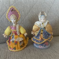 Russian Wooden Folk Woman Dolls In Kokoshnik Handmade