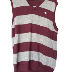 Express Mens Sweater Vest Academia Preppy Sz L Stripes Merino Wool.  Wine and gray Stripes. Measurements in Pictures  Comes from a smoke and pet free 
