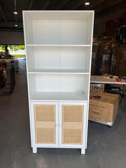 New -5-Shelf Bookcase with Rattan Doors, Tall Display Shelves for Home Office & Bedroom, White