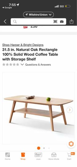 31.5 in. Natural Oak Rectangle 100% Solid Wood Coffee Table with Storage Shelf