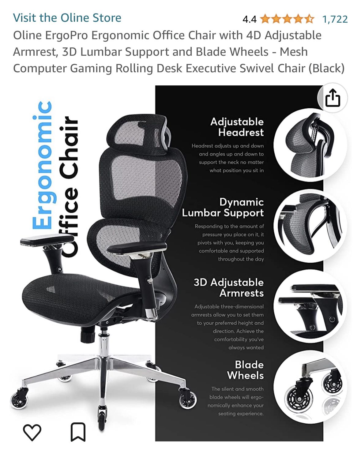 Oline ErgoPro Ergonomic Office Chair, Rolling Desk Mesh Computer