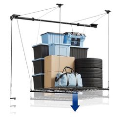 Garage Ceiling Lifting Storage Rack, 4x4 Ft Heavy-Duty Metal Frame, Overhead Storage System With 300lbs Load Capacity, Matt Black