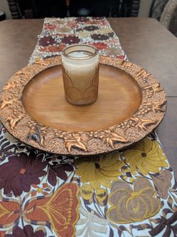 Vintage Decorative Wooden Plate with Embossed copper Rim